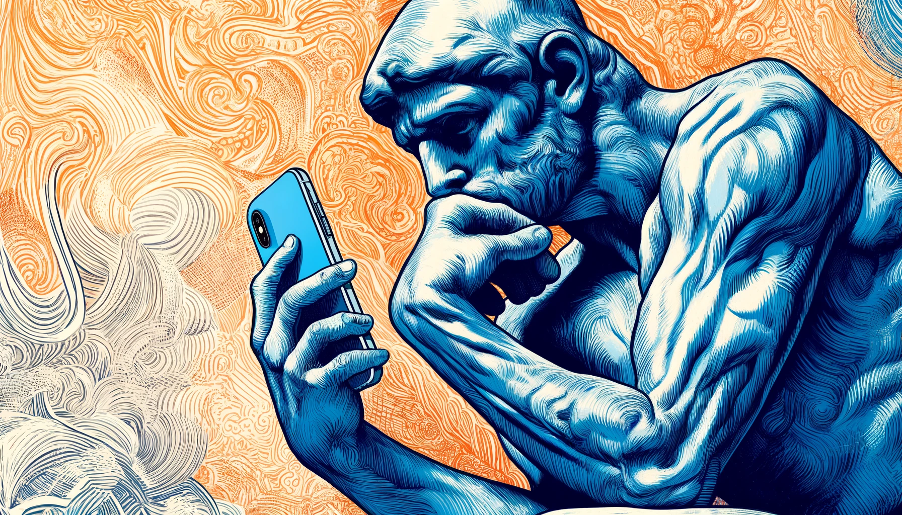 The Thinker, looking at a smartphone